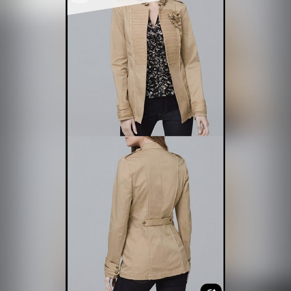 White House Black Market Tan Trench Coat with Ruffle Accents
